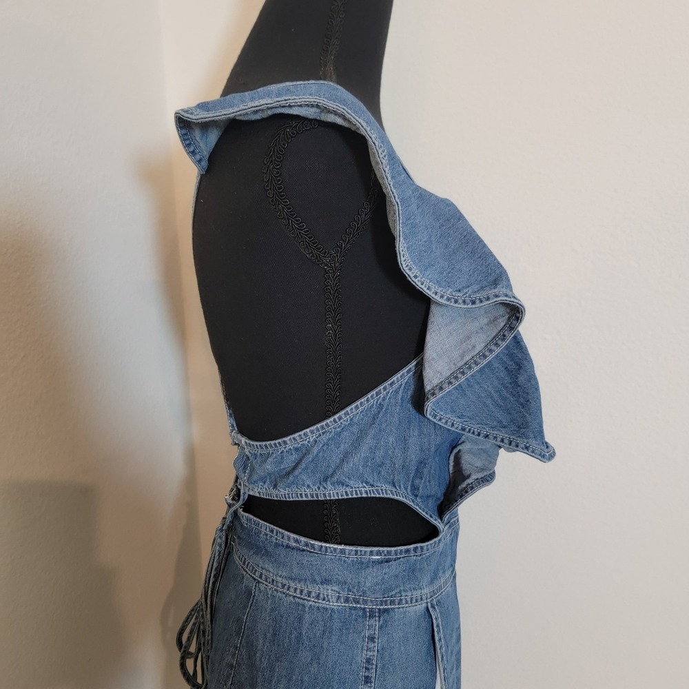 Blue Denim Ruffle Lace Up Back Cut Out Romper Small Wash Boho Festival - Picture 11 of 15